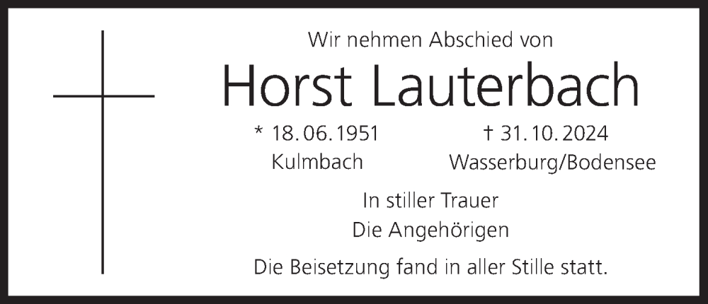  Traueranzeige für Horst Lauterbach vom 07.12.2024 aus MGO
