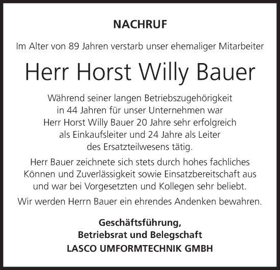 Anzeige von Horst Willy Bauer von MGO