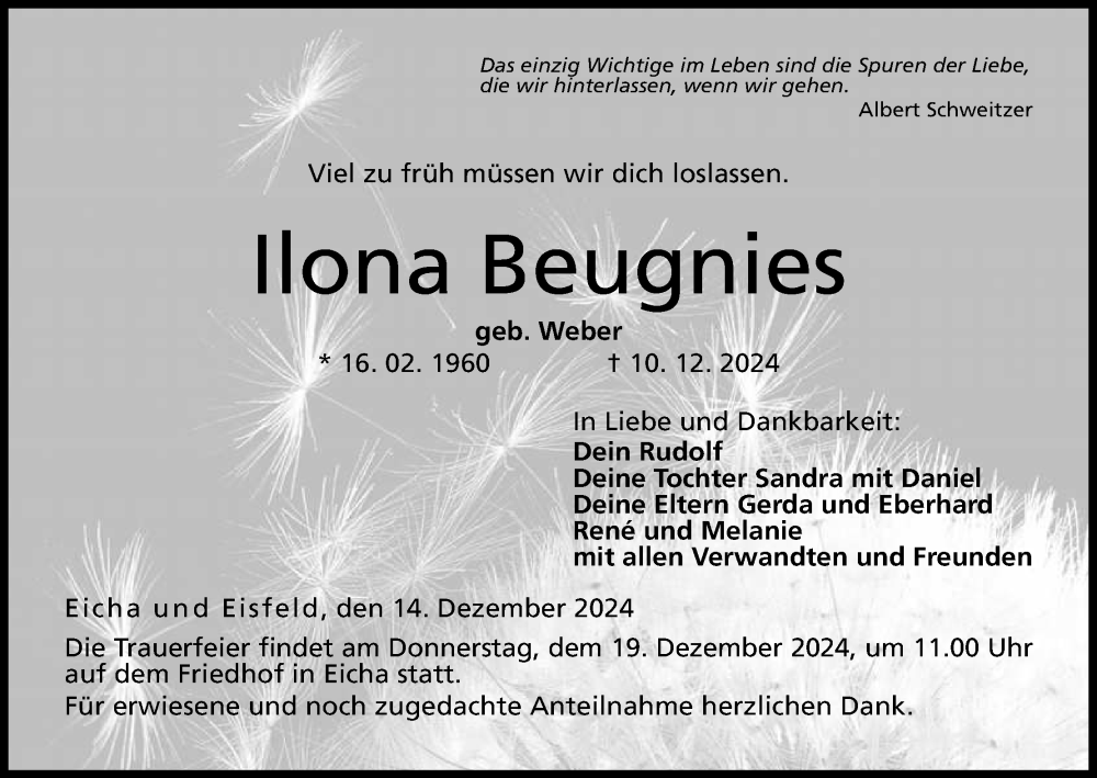  Traueranzeige für Ilona Beugnies vom 14.12.2024 aus MGO