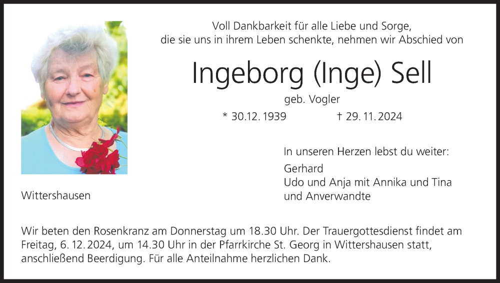  Traueranzeige für Ingeborg Sell vom 04.12.2024 aus MGO