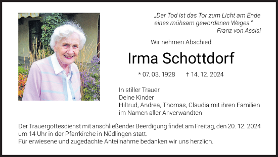 Anzeige von Irma Schottdorf von MGO
