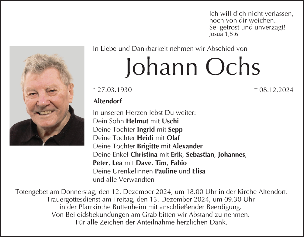  Traueranzeige für Johann Ochs vom 10.12.2024 aus MGO