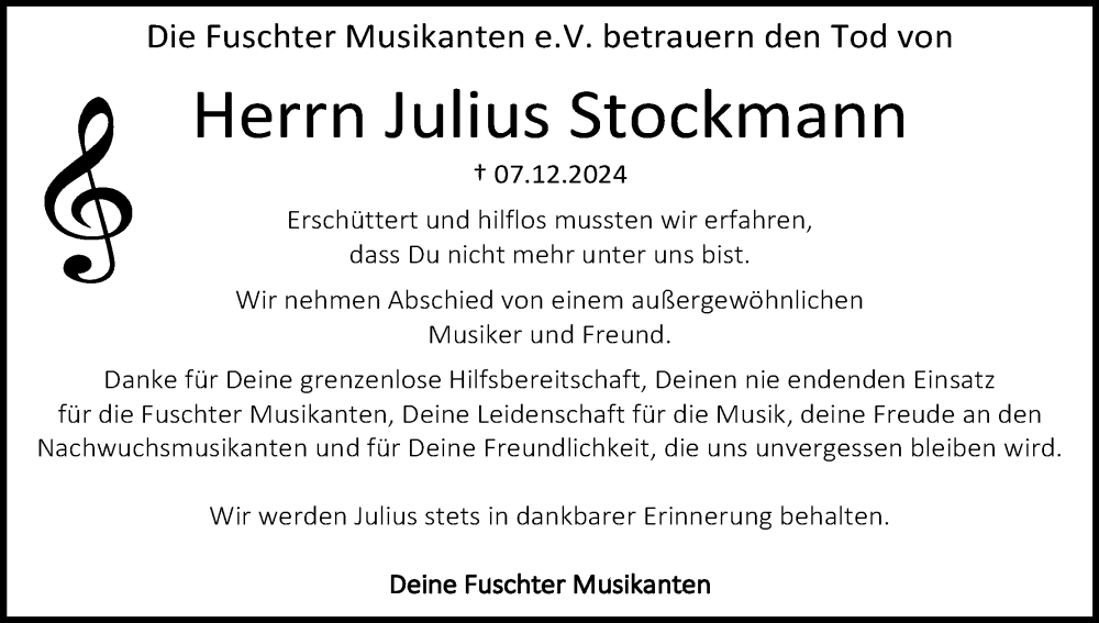  Traueranzeige für Julius Stockmann vom 21.12.2024 aus MGO