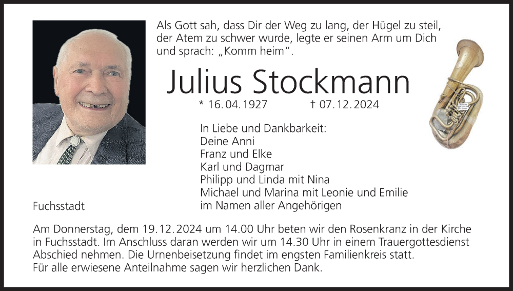  Traueranzeige für Julius Stockmann vom 14.12.2024 aus MGO