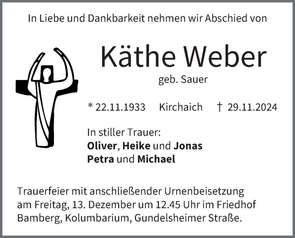  Traueranzeige für Käthe Weber vom 07.12.2024 aus MGO