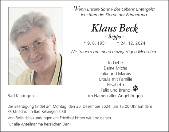 Anzeige von Klaus Beck von MGO