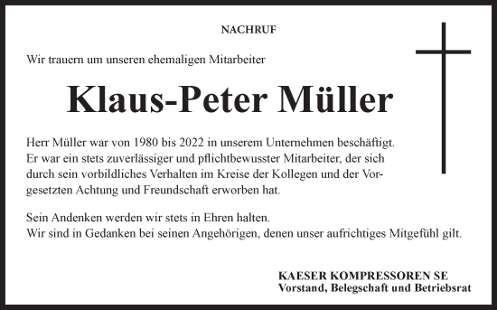 Anzeige von Klaus-Peter Müller von MGO