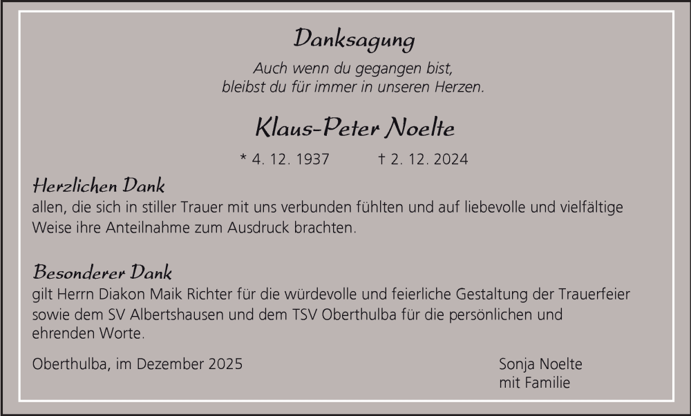  Traueranzeige für Klaus-Peter Noelte vom 21.12.2024 aus MGO