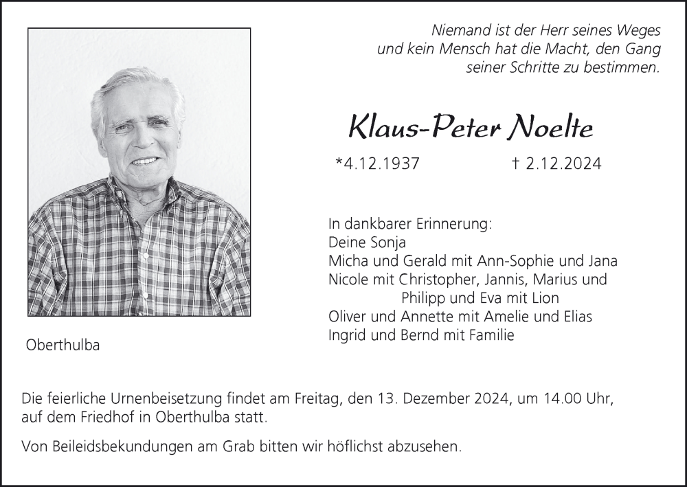  Traueranzeige für Klaus-Peter Noelte vom 07.12.2024 aus MGO