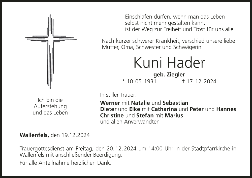  Traueranzeige für Kuni Hader vom 19.12.2024 aus MGO
