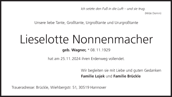Anzeige von Lieselotte Nonnenmacher von MGO