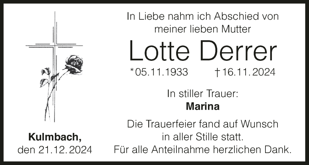  Traueranzeige für Lotte Derrer vom 21.12.2024 aus MGO