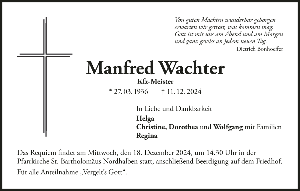  Traueranzeige für Manfred Wachter vom 14.12.2024 aus MGO