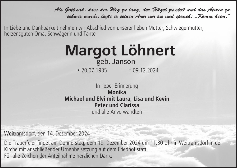  Traueranzeige für Margot Löhnert vom 14.12.2024 aus MGO