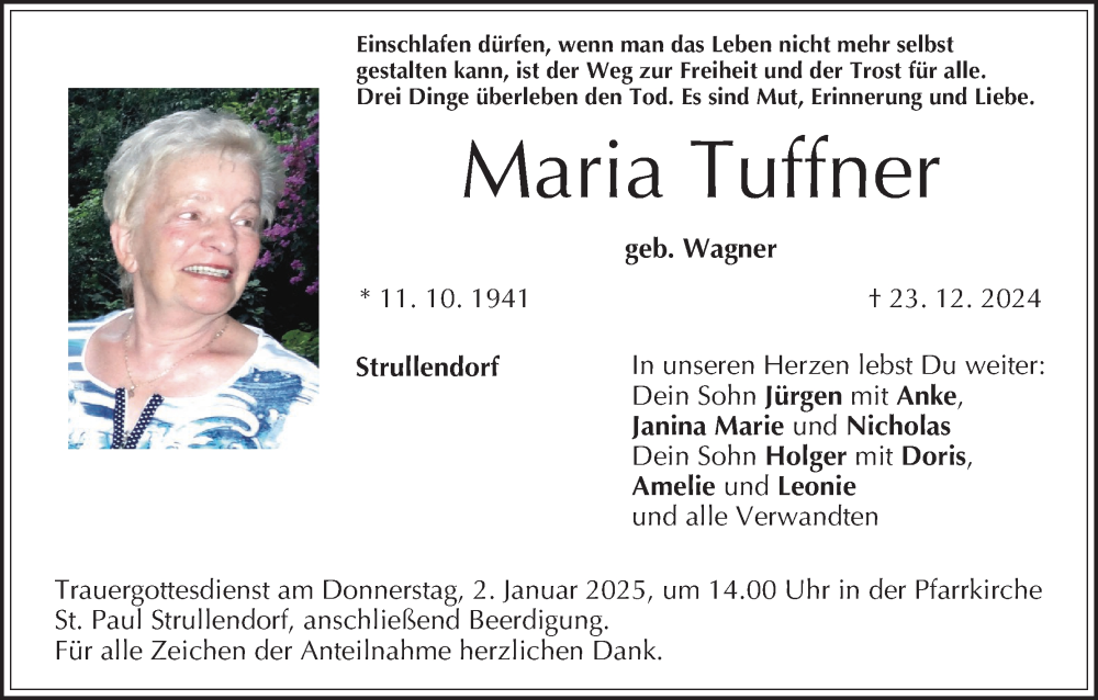  Traueranzeige für Maria Tuffner vom 28.12.2024 aus MGO