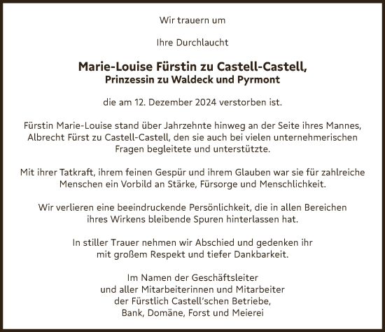Anzeige von Marie-Louise Fürstin-Mutter zu Castell-Castell Prinzessin zu Waldeck und Pyrmont von MGO