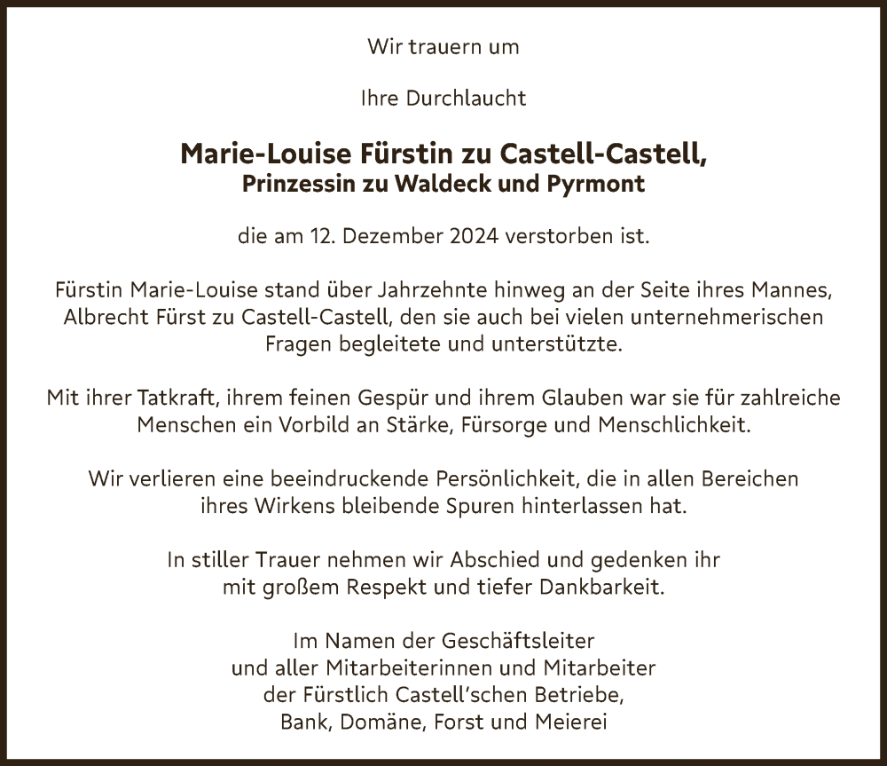 Traueranzeige für Marie-Louise Fürstin-Mutter zu Castell-Castell Prinzessin zu Waldeck und Pyrmont vom 20.12.2024 aus MGO