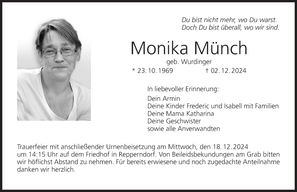  Traueranzeige für Monika Münch vom 14.12.2024 aus MGO