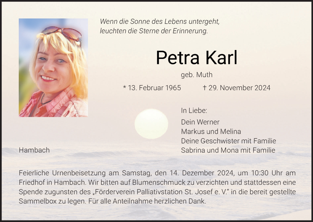  Traueranzeige für Petra Karl vom 07.12.2024 aus MGO