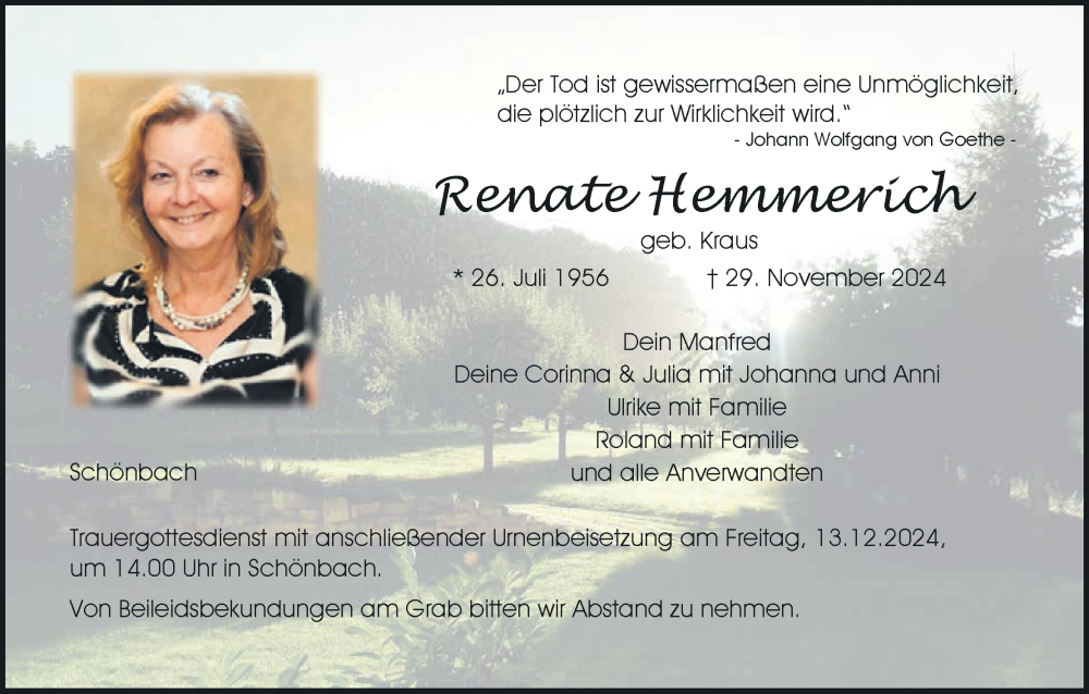  Traueranzeige für Renate Hemmerich vom 07.12.2024 aus MGO