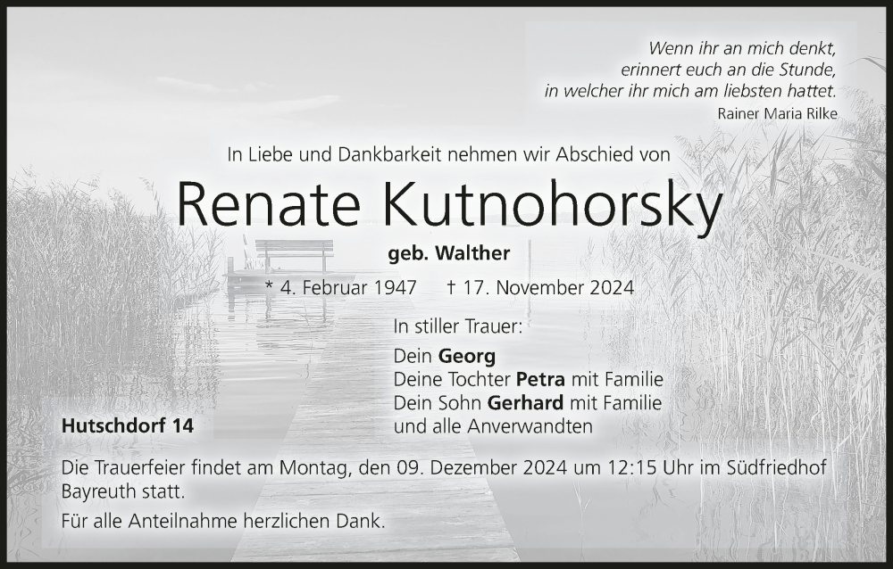  Traueranzeige für Renate Kutnohorsky vom 04.12.2024 aus MGO