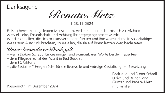 Anzeige von Renate Metz von MGO