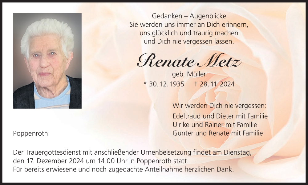  Traueranzeige für Renate Metz vom 07.12.2024 aus MGO