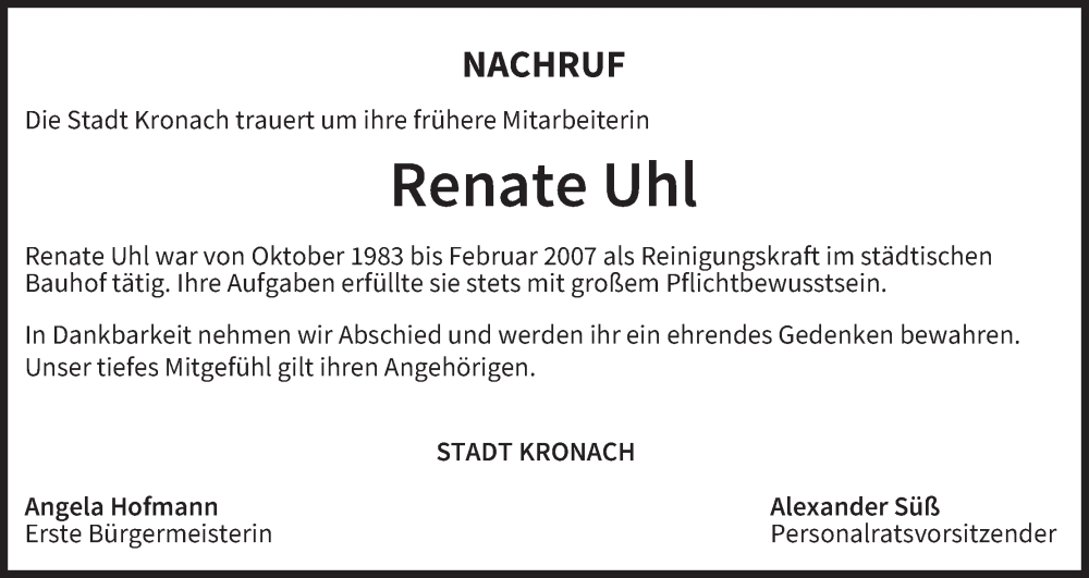  Traueranzeige für Renate Uhl vom 07.12.2024 aus MGO