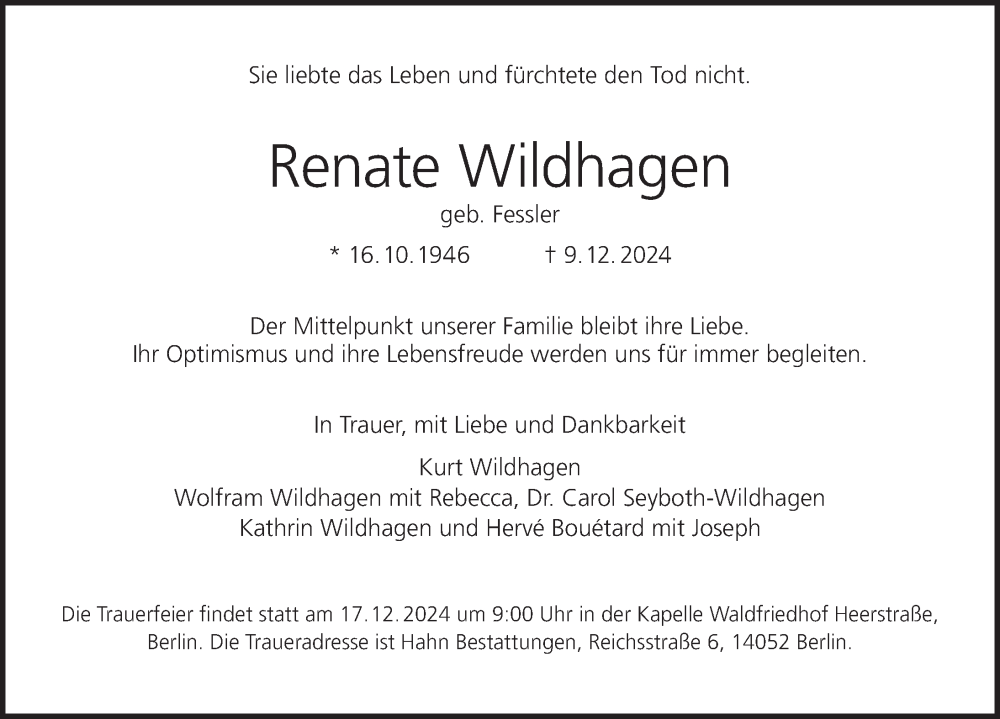  Traueranzeige für Renate Wildhagen vom 14.12.2024 aus MGO