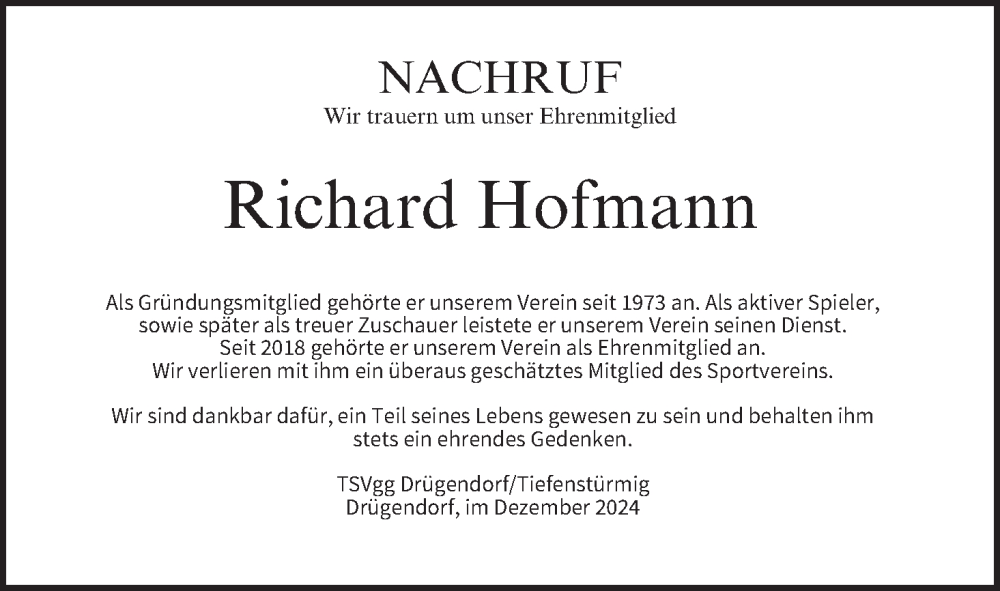  Traueranzeige für Richard Hofmann vom 06.12.2024 aus MGO