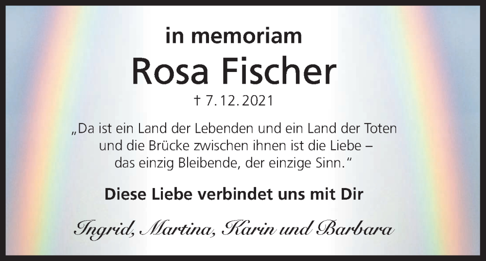  Traueranzeige für Rosa Fischer vom 07.12.2024 aus MGO