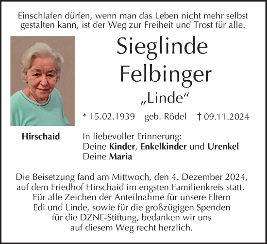 Anzeige von Sieglinde Felbinger von MGO