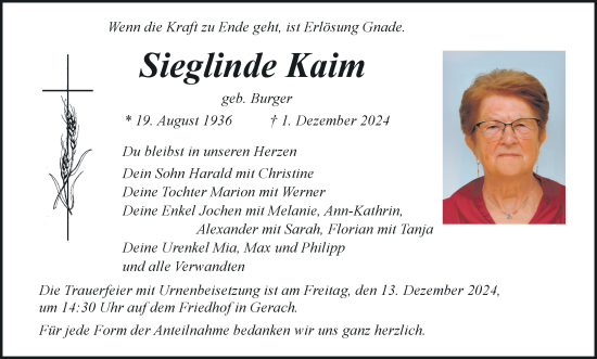 Anzeige von Sieglinde Kaim von MGO