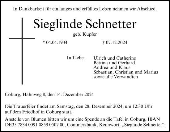 Anzeige von Sieglinde Schnetter von MGO