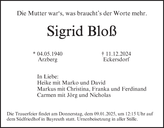 Anzeige von Sigrid Bloß von MGO