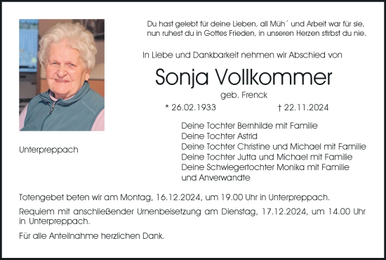 Anzeige von Sonja Vollkommer von MGO