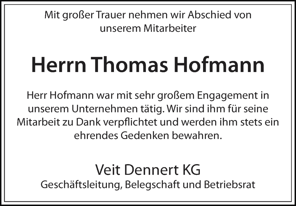  Traueranzeige für Thomas Hofmann vom 13.12.2024 aus MGO