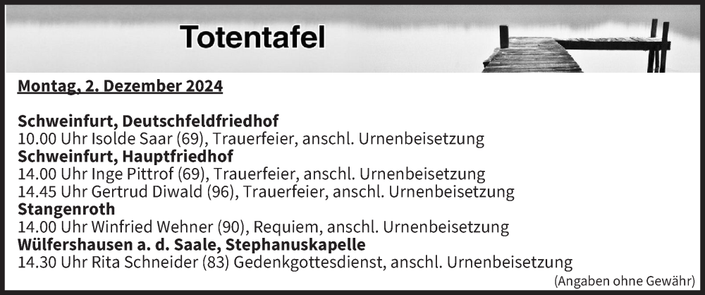  Traueranzeige für Totentafel vom 02.12.2024 vom 02.12.2024 aus MGO