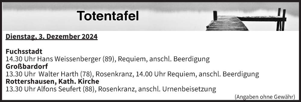  Traueranzeige für Totentafel vom 03.12.2024 vom 03.12.2024 aus MGO