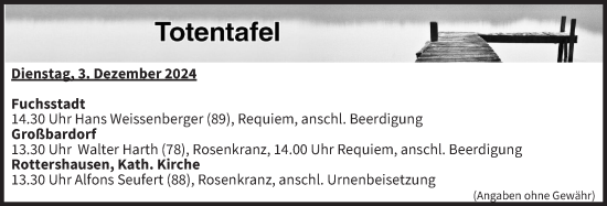 Anzeige von Totentafel vom 03.12.2024 von MGO