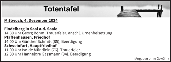 Anzeige von Totentafel vom 04.12.2024 von MGO