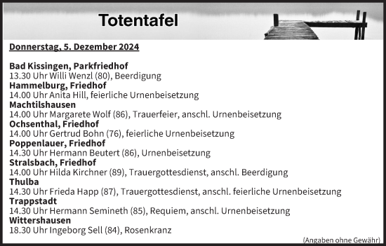 Anzeige von Totentafel vom 05.12.2024 von MGO