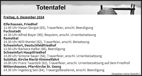 Anzeige von Totentafel vom 06.12.2024 von MGO