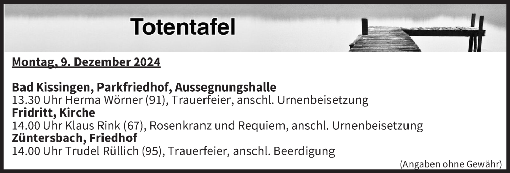  Traueranzeige für Totentafel vom 09.12.2024 vom 09.12.2024 aus MGO