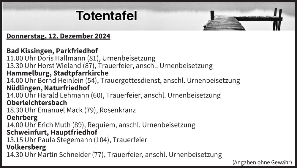  Traueranzeige für Totentafel vom 12.12.2024 vom 12.12.2024 aus MGO