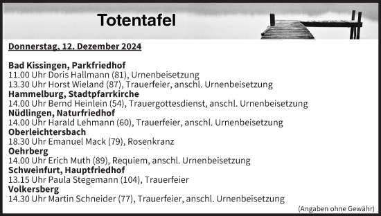 Anzeige von Totentafel vom 12.12.2024 von MGO