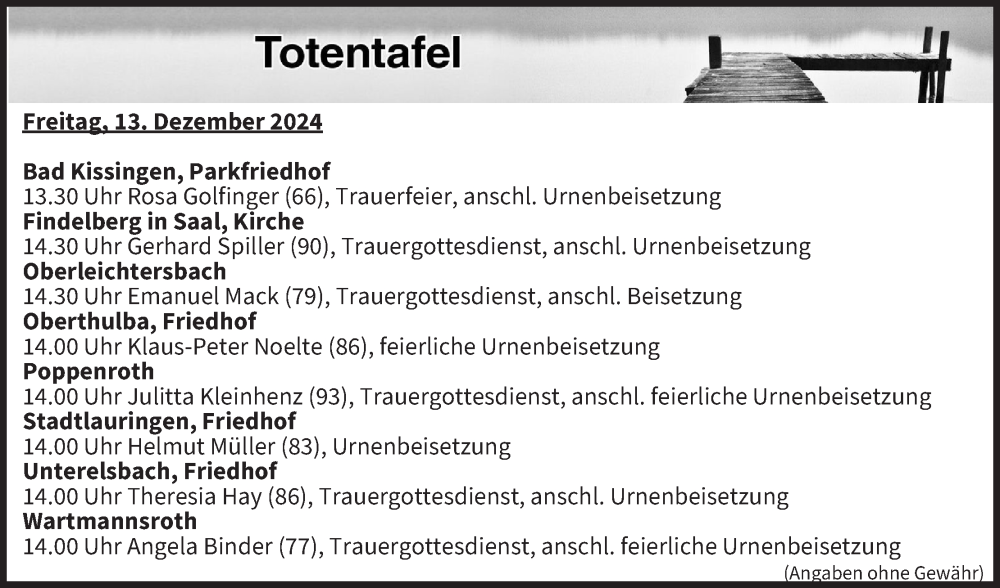  Traueranzeige für Totentafel vom 13.12.2024 vom 13.12.2024 aus MGO