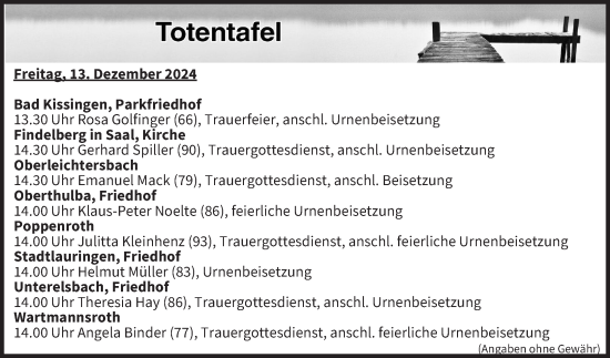 Anzeige von Totentafel vom 13.12.2024 von MGO