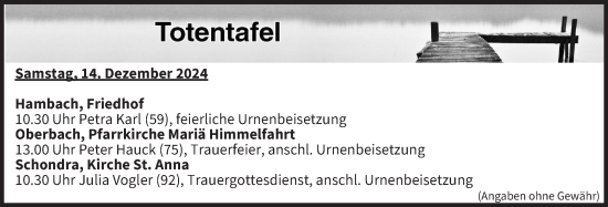 Anzeige von Totentafel vom 14.12.2024 von MGO