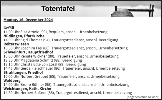 Anzeige von Totentafel vom 16.12.2024 von MGO